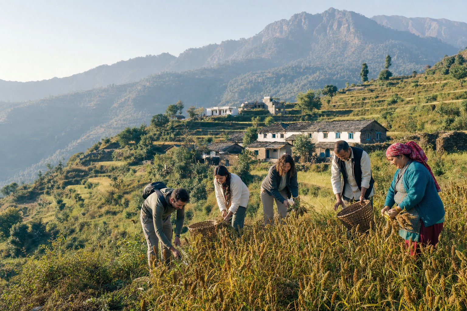 Illustrative scene of visitors joining a seasonal millet harvest on terraced farms in Uttarakhand