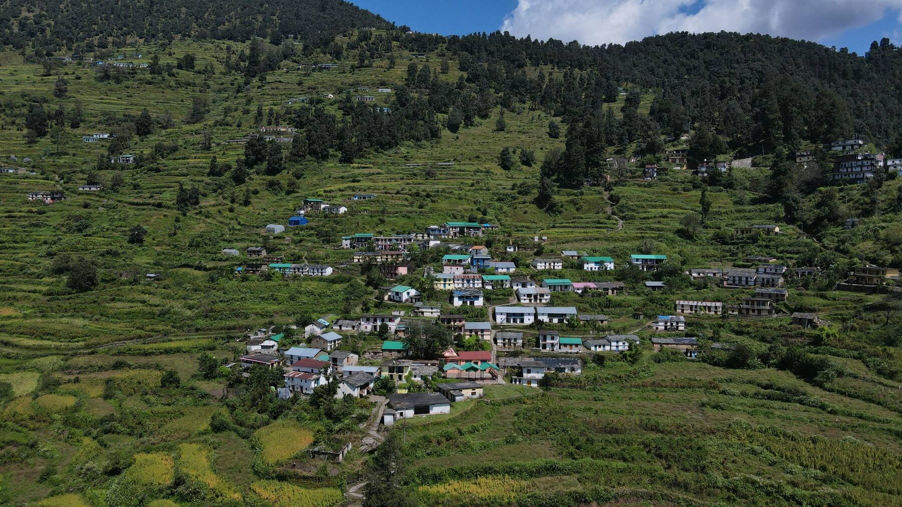 Luftaufnahme eines Himalaya-Dorfes mit Terrassenfeldern und bewaldeten Hängen in Uttarakhand