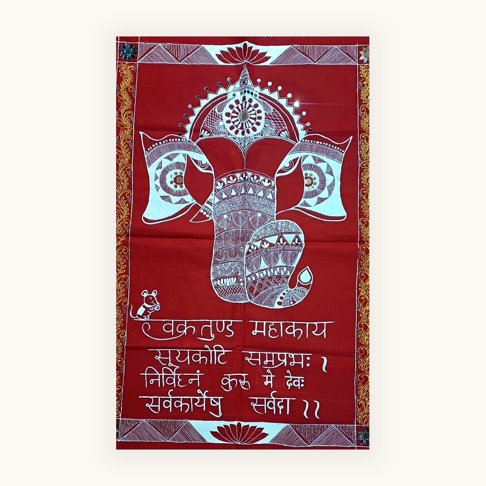 Hand-painted Aipan Ganesha shloka wall cloth from Kumaon