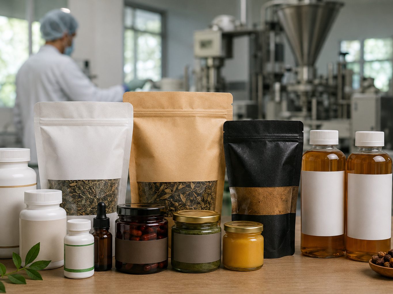 Private-label and OEM contract manufacturing — unbranded amber-glass bottles, kraft pouches and supplement jars in a Himalayan Region production facility