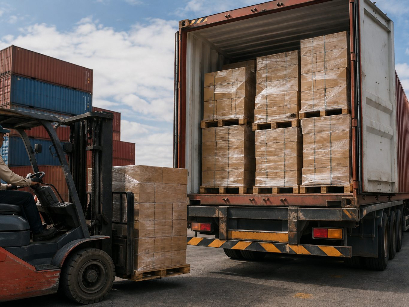 Container-scale organic wholesale supply — forklift loading pallets into an export container for Himalayan Region B2B importers and distributors
