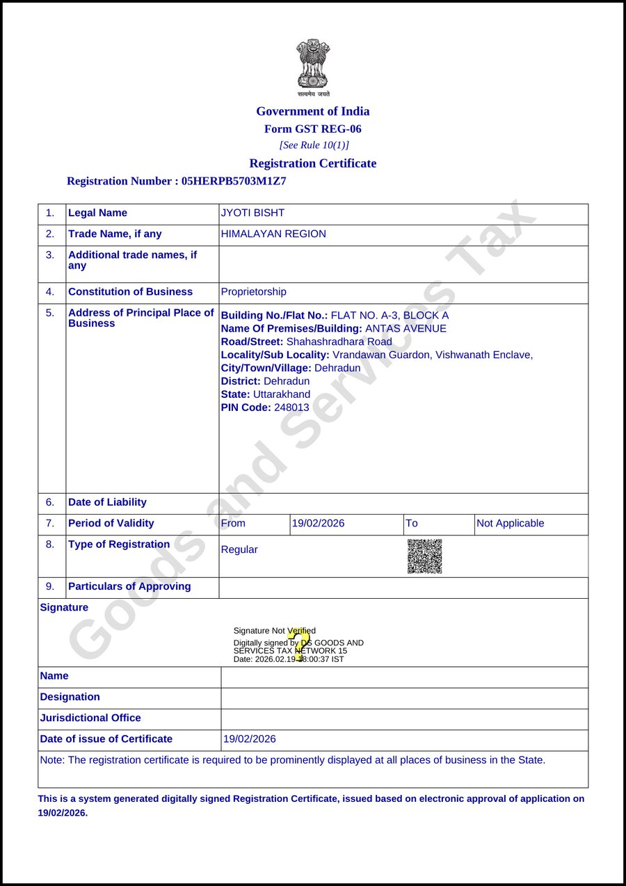 GST registration certificate for GSTIN 05HERPB5703M1Z7
