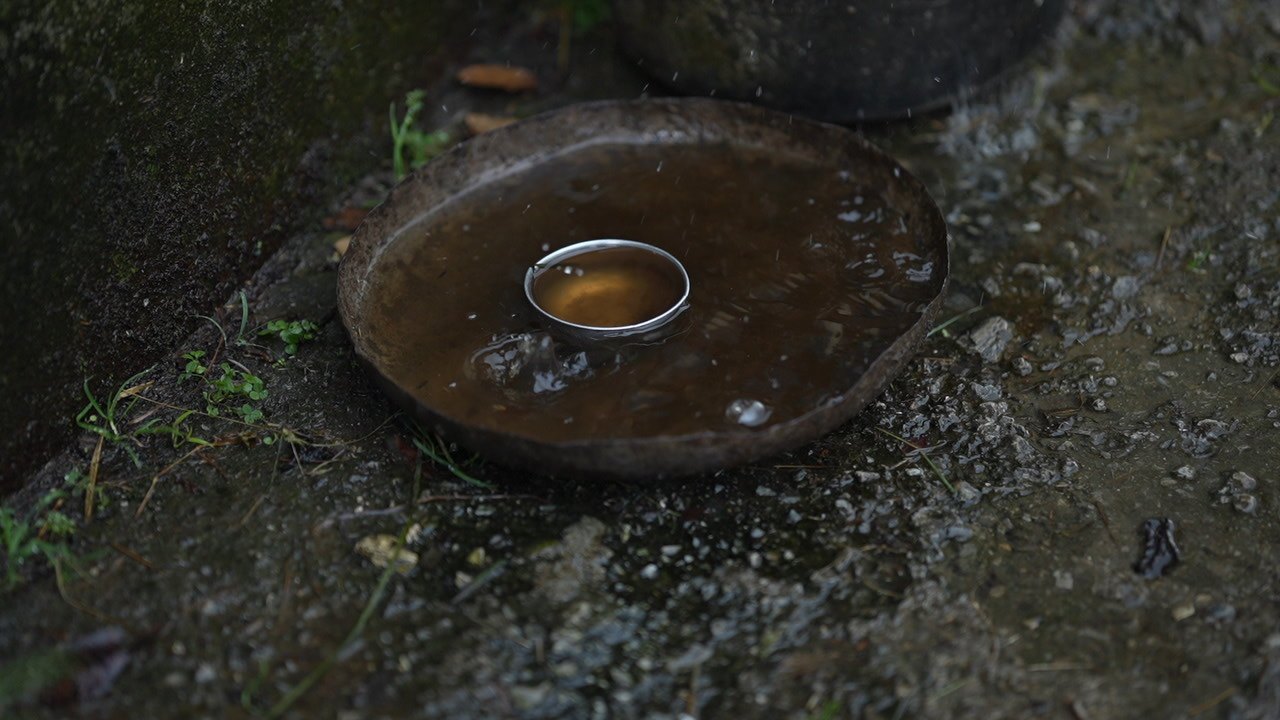 A small steel bowl floating in a round brass dish of rainwater on a wet stone step