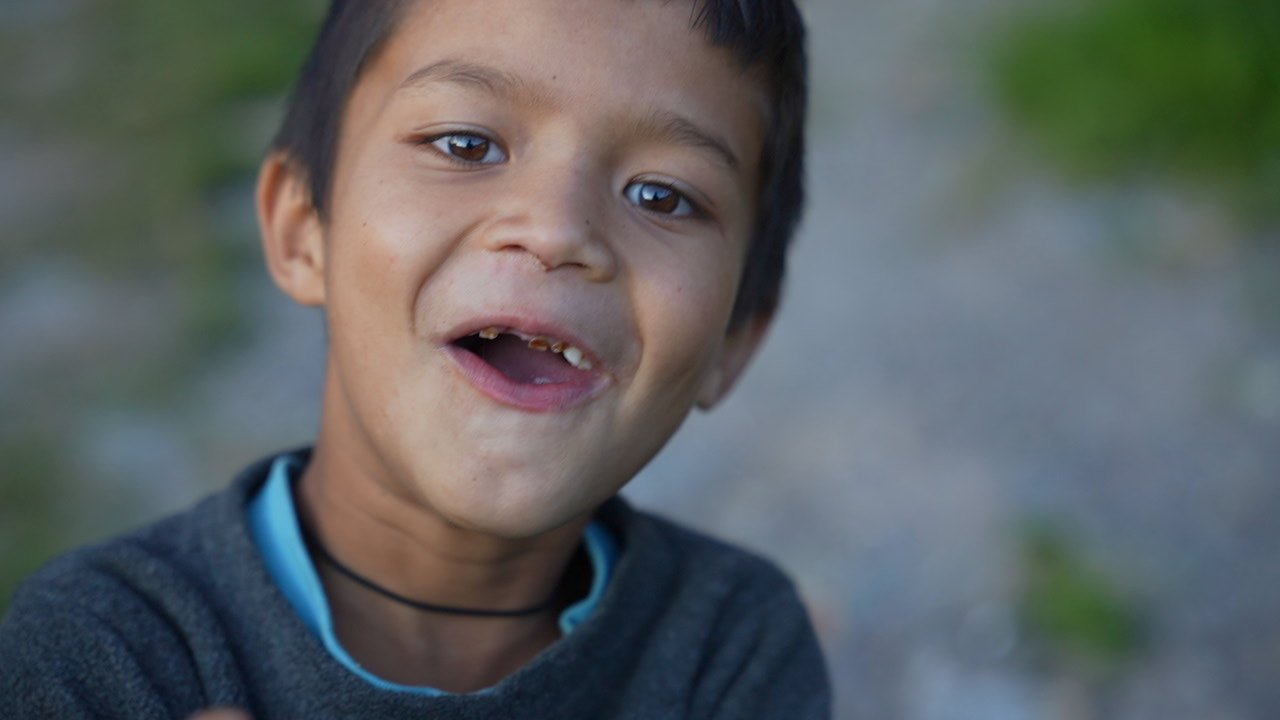 A boy in a dark jumper laughing and talking, with a blue collar showing at his neck